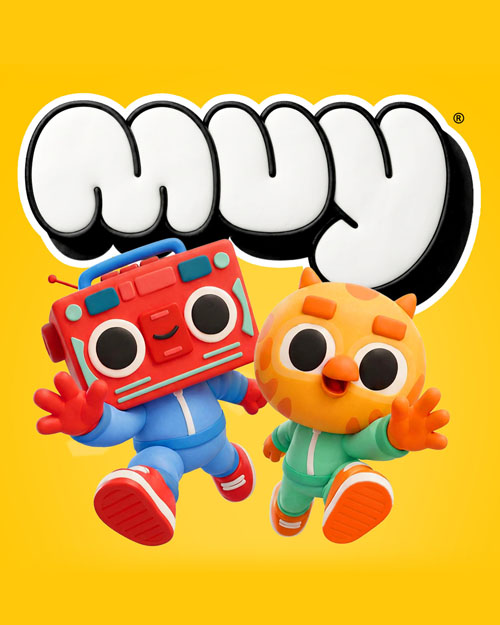 Muy key art: MHz, a boombox-headed kid in a blue tracksuit, and a cat friend in green, jumping in front of the Muy logo.